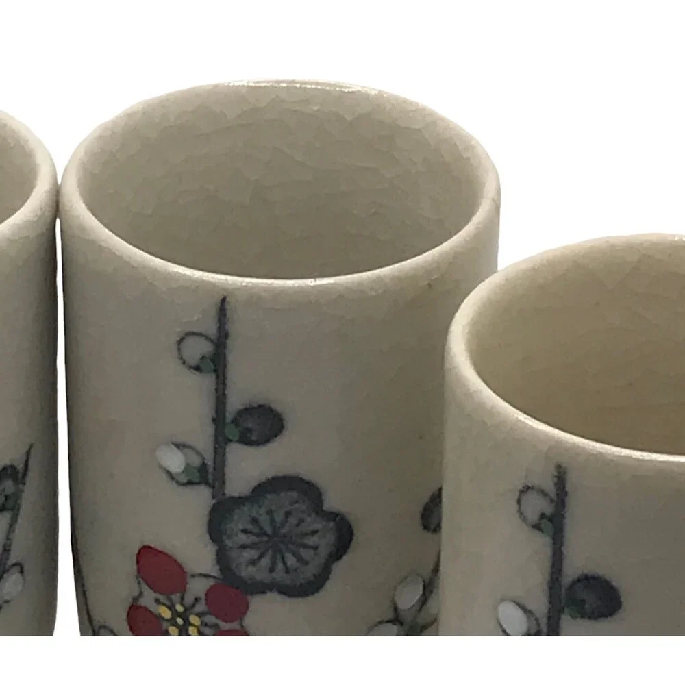Japanese Sake Cups Set of Four from Japan 3.5” Flower Red Gray White Black